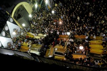General view of the coffins of victims of Sunday's church attack in Tanta, Egypt